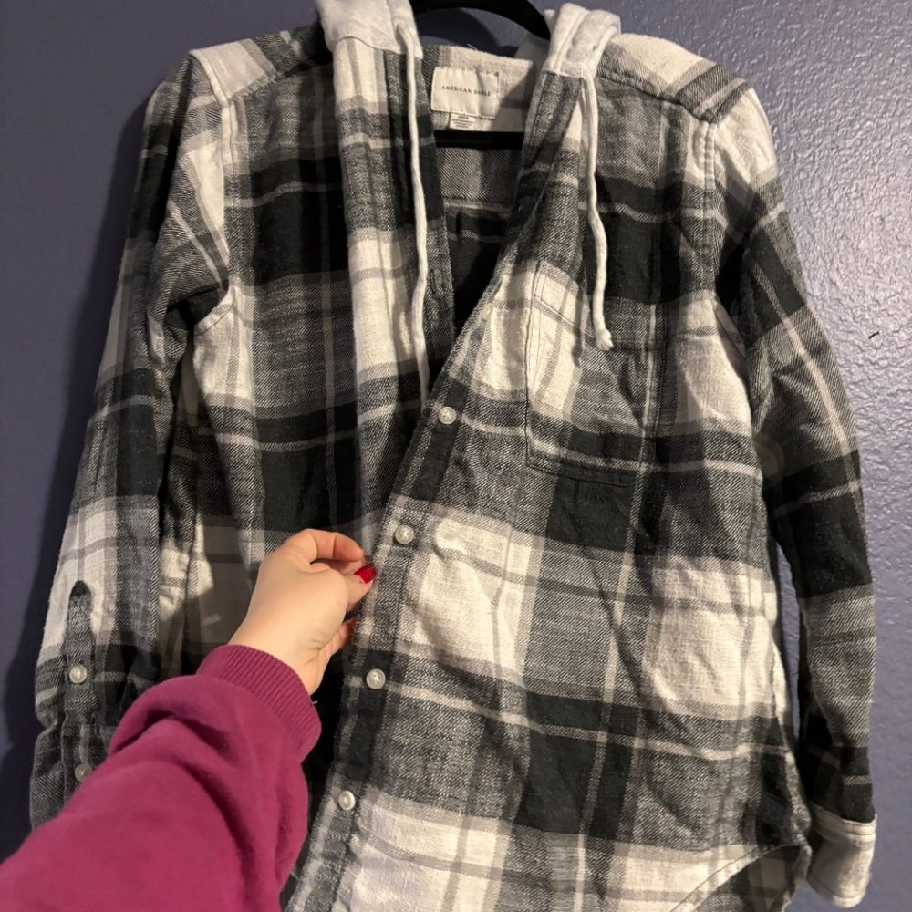 American Eagle Plaid Button Down Flannel Hoodie - image 2